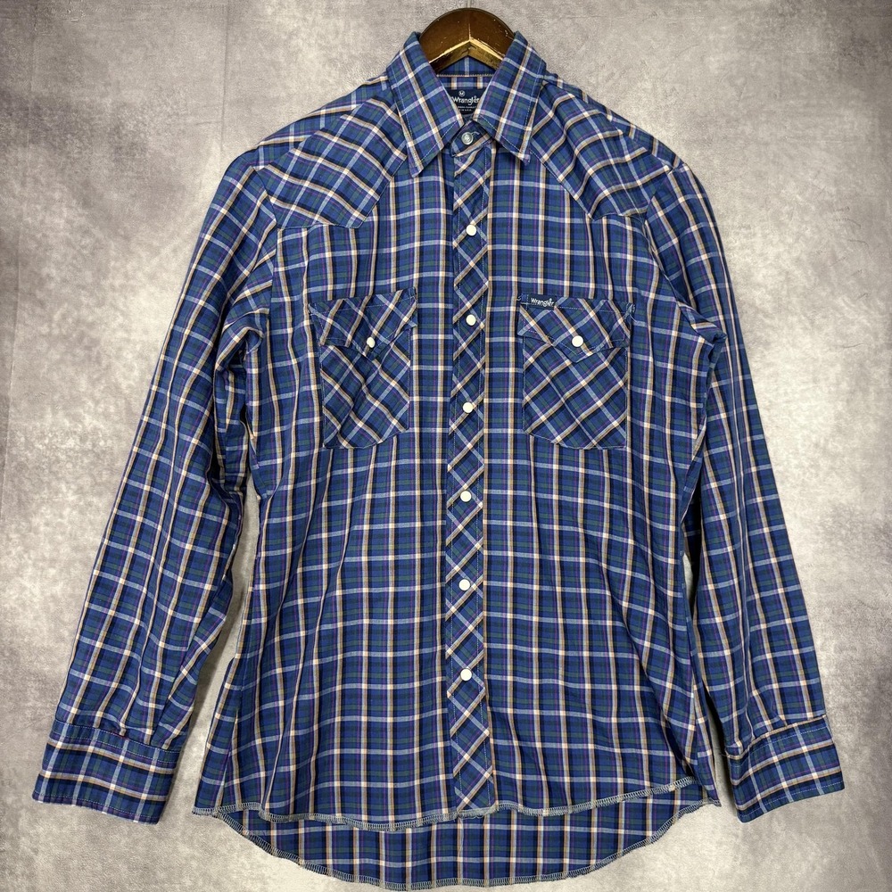 Vintage Wrangler Shirt‎ Mens Medium Blue Plaid Pearl Snap Western Made USA 90s